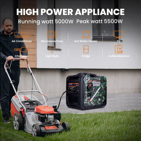 Powerful 5500W Inverter Generator Portable Gas Powered With Electric Start And Wheel Kit EPA Compliant RV Ready next to lawn mower.