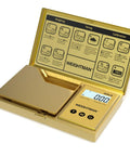 Pocket Scale 200G Capacity With 0.01G Precision, Gold Titanium Plating, LCD Backlit Display open showing weighing platform and controls.