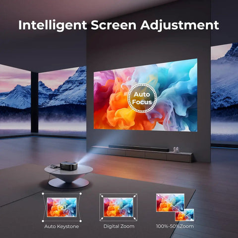 4K Projector With WiFi and Bluetooth, 3000 ANSI Lumens, showing auto focus feature on colorful screen