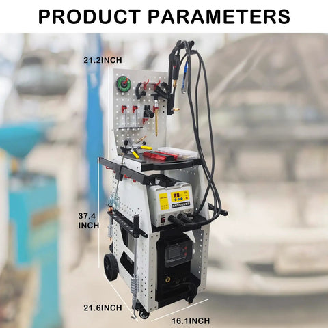 Pro Grade Spot Weld Dent Puller And Stud Welder Dent Repair Kit with Tool Cart, dimensions labeled