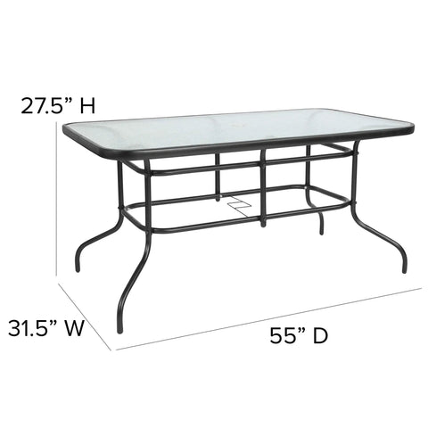 Modern Rippled Glass Outdoor Dining Table With Umbrella Hole, Rectangular 31.5 Inch By 55 Inch, Tempered Glass Top, Black Metal Frame