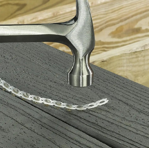 Must Have Replacement Deck Plugs For Cortex Fastening System 80 Count Sea Salt Gray Caps, hammer above gray composite deck.