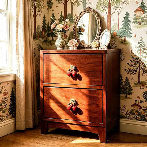 Dope Red Cherry Cabinet Knobs Pack For Kitchen Drawers And Dressers, Sturdy Zinc Alloy Furniture Pulls With Quick Single Hole Installation, Fresh High Quality Home Hardware Refresh on a wooden dresser.