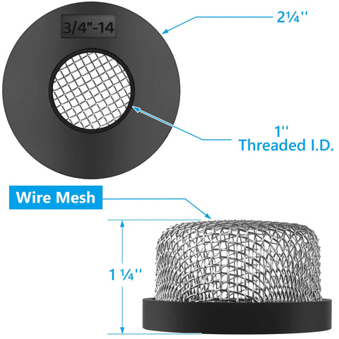4 Pack Stainless Steel Pro-Grade Mesh Strainers 3/4 Inch 14 Female Screw On Filter with thread size details