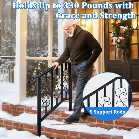 Super Tight Grip Outdoor Handrails For Steps And Indoor Stair Railing Kit Black Iron Guard holds up to 330 lbs on snowy steps.