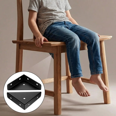 Beefy Heavy Duty Metal Corner Brackets for Wood under a wooden chair, triangle braces in focus, sturdy support shown in use.