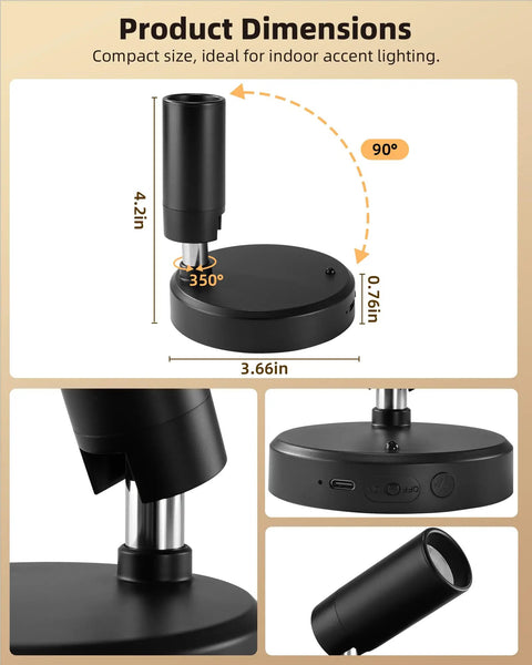 Cordless Indoor Spotlight Kit With Remote, 5500mAh Rechargeable Battery, dimensions and close-up of black LED uplight