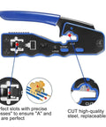 Close-up of All In One Crimping Tool Kit For Ethernet And Phone Cables With RJ45 Cutter Wire Stripper showing precision slots.