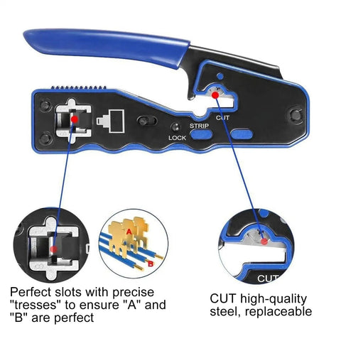 Close-up of All In One Crimping Tool Kit For Ethernet And Phone Cables With RJ45 Cutter Wire Stripper showing precision slots.