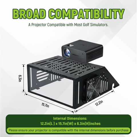Floor Mounted Golf Simulator Projector Enclosure With Sturdy Full Steel Frame And Built In Cooling Vent System, dimensions shown