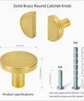 7 Pack Brushed Brass Cabinet Knobs 1 Inch Solid Round Gold Hardware For Cabinets Drawers And Vanity With Luxury Ring Carving Design Two Screw Sizes By JKJOWPER, showing side and front views and screw specifications.