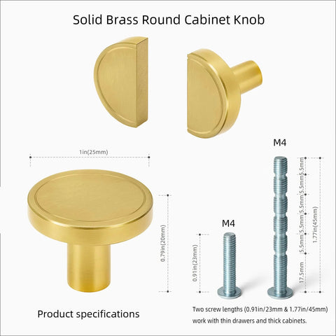 7 Pack Brushed Brass Cabinet Knobs 1 Inch Solid Round Gold Hardware For Cabinets Drawers And Vanity With Luxury Ring Carving Design Two Screw Sizes By JKJOWPER, showing side and front views and screw specifications.