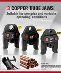 3 pro press jaws for 18V Cordless Hydraulic Pipe Crimper Tool Kit, suitable for copper tube crimping in various sizes.