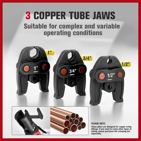 3 pro press jaws for 18V Cordless Hydraulic Pipe Crimper Tool Kit, suitable for copper tube crimping in various sizes.