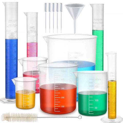 16 Piece Plastic Chemistry Lab Kit With Graduated Cylinders And Beakers, Pipettes, Funnel And Brush for DIY Science Projects