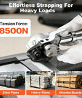 Heavy Duty Pneumatic Steel Strapping Machine With Separate Tensioner And Sealer For 0.8-1.2mm Thickness Metal Bands in use on steel pipe.