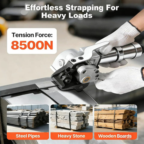 Heavy Duty Pneumatic Steel Strapping Machine With Separate Tensioner And Sealer For 0.8-1.2mm Thickness Metal Bands in use on steel pipe.