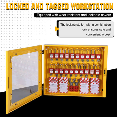 Built Tough Lockout Tagout Loto Station With 20 Heavy Duty Padlocks And 6 Steel Hasps Plus 60 Warning Tags For Bulletproof Industrial Electrical Job Site Safety Management