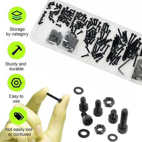 1400 Piece Assorted M2.5 Hex Socket Head Cap Screws And Bolts In 4Mm To 25Mm Lengths with black oxide finish in storage box.