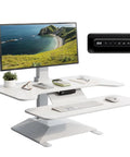 36 Inch Electric Standing Desk Converter Height Adjustable Sit Stand Workstation Riser For Home Office Ergonomic Computer Desk White with monitor and control panel.