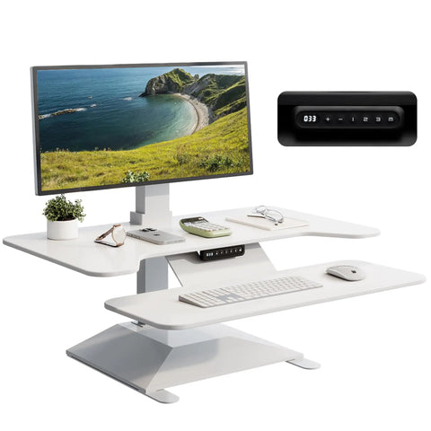 36 Inch Electric Standing Desk Converter Height Adjustable Sit Stand Workstation Riser For Home Office Ergonomic Computer Desk White with monitor and control panel.