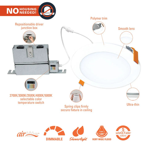 DIY Friendly Six Inch Canless Recessed LED Downlight Kit With Remote Driver And Integrated Junction Box showing components and features
