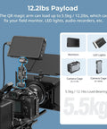 Quick Release Magic Arm With 360 Degree Ball Head for monitors and cameras, showing mounted monitor and camera setup, supports 5.5kg.
