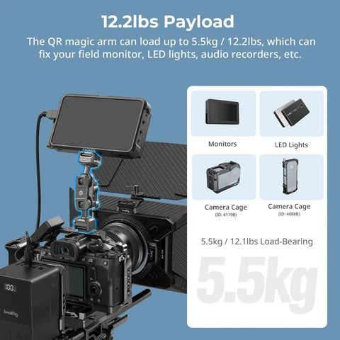 Quick Release Magic Arm With 360 Degree Ball Head for monitors and cameras, showing mounted monitor and camera setup, supports 5.5kg.