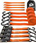Heavy Duty Ratchet Tie Down Straps 4 Pack One Inch By Fifteen Feet With Rubber Grip Buckles And Soft Loop Hooks in bright orange.