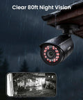 16 Channel Security Camera System With 4TB Drive, 1080P camera with night vision installed under eave during rain.