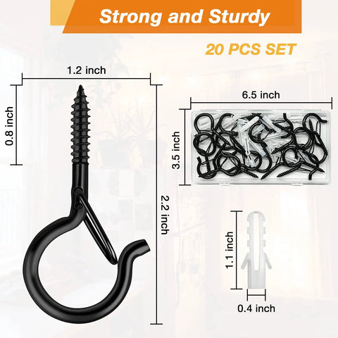 Q-Hanger Screw Hooks For Outdoor String Lights With Safety Buckle, image showing dimensions and 20-piece set