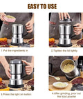 Premium 304 Stainless Steel Electric Grain Mill Grinder in use, showing steps for operation to crush grains and spices.