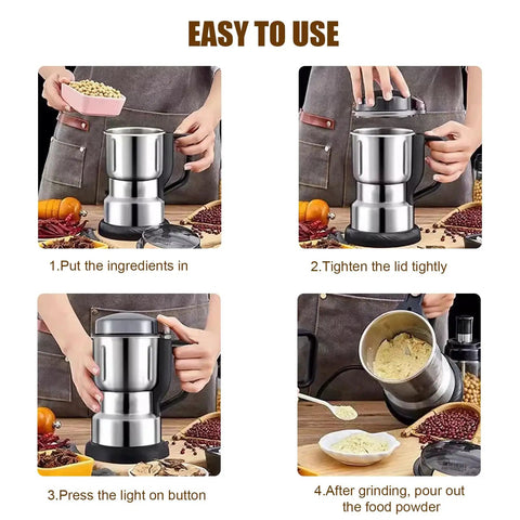 Premium 304 Stainless Steel Electric Grain Mill Grinder in use, showing steps for operation to crush grains and spices.