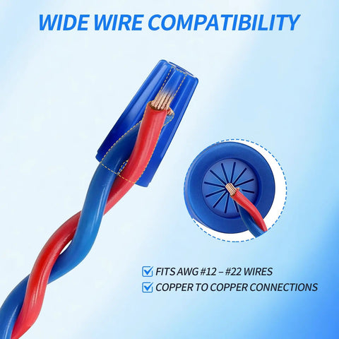 Blue Waterproof Wire Nuts Set For Outdoor Use Landscape Wire Connectors 22AWG To 12AWG detail showing wire compatibility with red and blue wires