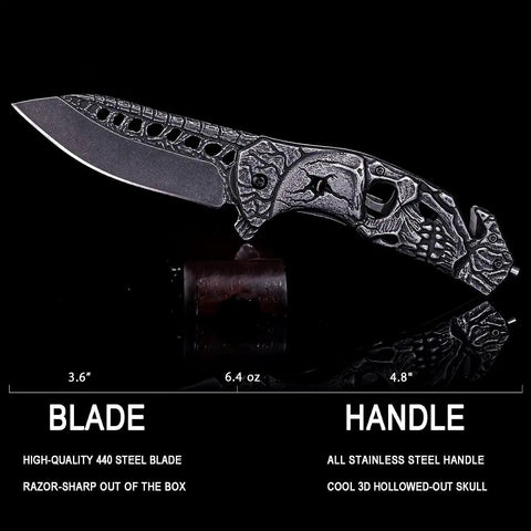 Pocket Folding Knife With 3D Skull Embossed Handle And Razor Sharp 440 Stainless Steel Blade, 3.6 Inch Blade, 4.8 Inch Full Steel Handle