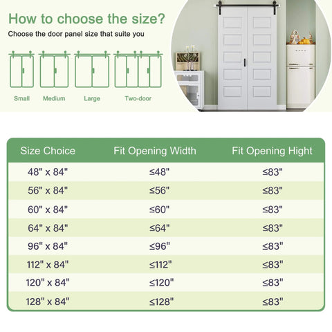 Chart showing dimensions for 128 By 84 Inch Pre Assembled Bifold Barn Door With Five Lite Bi Fold Sliding Closet Doors and 136 Inch Track Kit