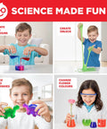 Children using the Girls First Science Kit For Ages 4 To 8, creating colors, slime, squishy dinosaurs, and flower experiments.