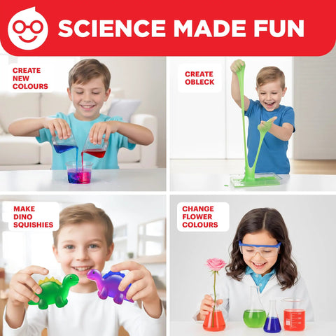 Children using the Girls First Science Kit For Ages 4 To 8, creating colors, slime, squishy dinosaurs, and flower experiments.