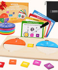 Wooden Fraction Tiles And Circles Set with cards, dry-erase marker, symbols, storage bag, for Montessori math practice.