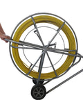 Heavy Duty Fiberglass Fish Tape Built Dang Solid For Hella Smooth Wire Routing And Conduit Pulling With Sturdy Wood Reel And Wheeled Cart 12mm 820Ft Length To Route Cables Anywhere Fast on a metal rolling cart.