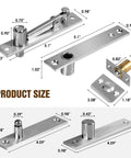Size dimensions of Beefy Pivot Hinge Kit With 200 Lb Capacity For Secret Bookcase Doors including components and mounting plates.