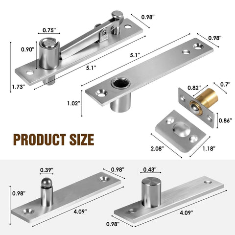 Size dimensions of Beefy Pivot Hinge Kit With 200 Lb Capacity For Secret Bookcase Doors including components and mounting plates.