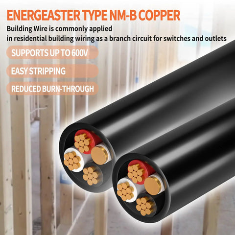 Top Tier Eight Gauge Nm B Electrical Wire 3 Conductor Plus Ground Indoor Copper Cable 50 Foot Black Jacket showing copper strands for residential wiring.