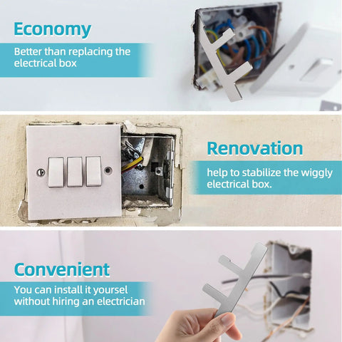 Installation of 15 Piece Switch Box Strap And F Clip Set For Electrical Boxes, Easy Outlet Repair For Loose Outlets in drywall.
