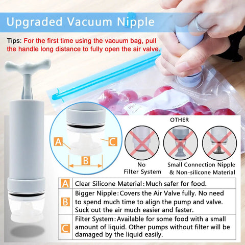 Set Of 40 BPA Free Reusable Sous Vide Vacuum Bags With Air Valve Freezer Safe Storage Works With Joule And Anova Cookers Upgraded Hand Pump Included For Quick Mess Free Sealing And Locking In Freshness image showing hand pump and vacuum bag sealing details