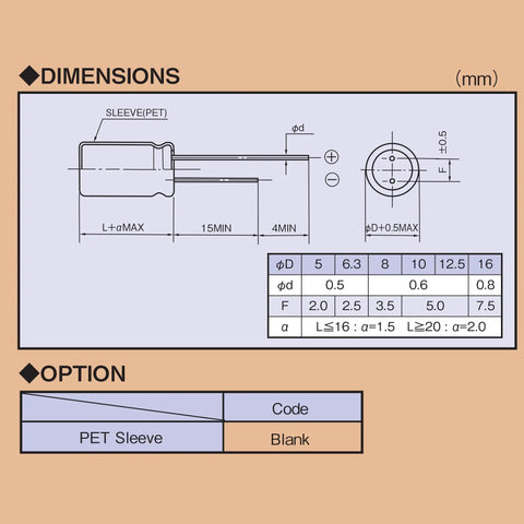 Technical drawing showing dimensions for 1000uF 35V Radial Lead Aluminum Electrolytic Capacitor 12.5x20mm Low ESR 0.041 Ohm