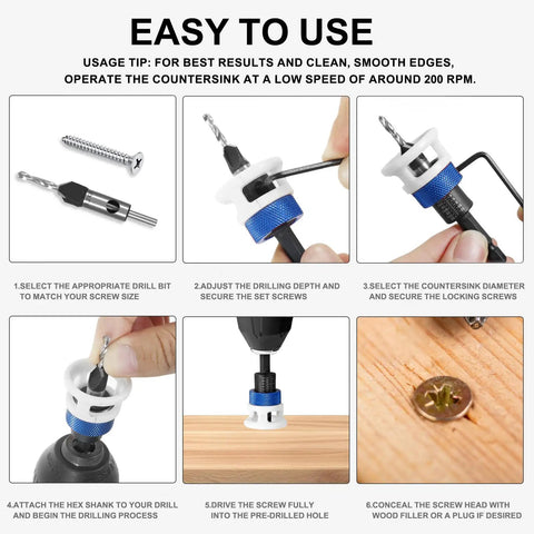 Instructions for using the Four Piece Pro Grade Countersink Drill Bit Set With Depth Stop For Woodworking.