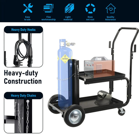 MIG TIG ARC Welder Cart With Upgraded Handle, Heavy Duty Portable Welding Station On Galvanized Casters, showing cylinder rack.