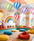 Lit Classroom Ceiling Decor Kit With 12 White Cloud Ornaments And 6 Paper Hot Air Balloon Lanterns For Classrooms Birthday Parties Baby Showers Nurseries Daycare And Kindergarten displayed in colorful classroom setting
