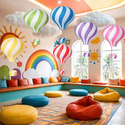 Lit Classroom Ceiling Decor Kit With 12 White Cloud Ornaments And 6 Paper Hot Air Balloon Lanterns For Classrooms Birthday Parties Baby Showers Nurseries Daycare And Kindergarten displayed in colorful classroom setting